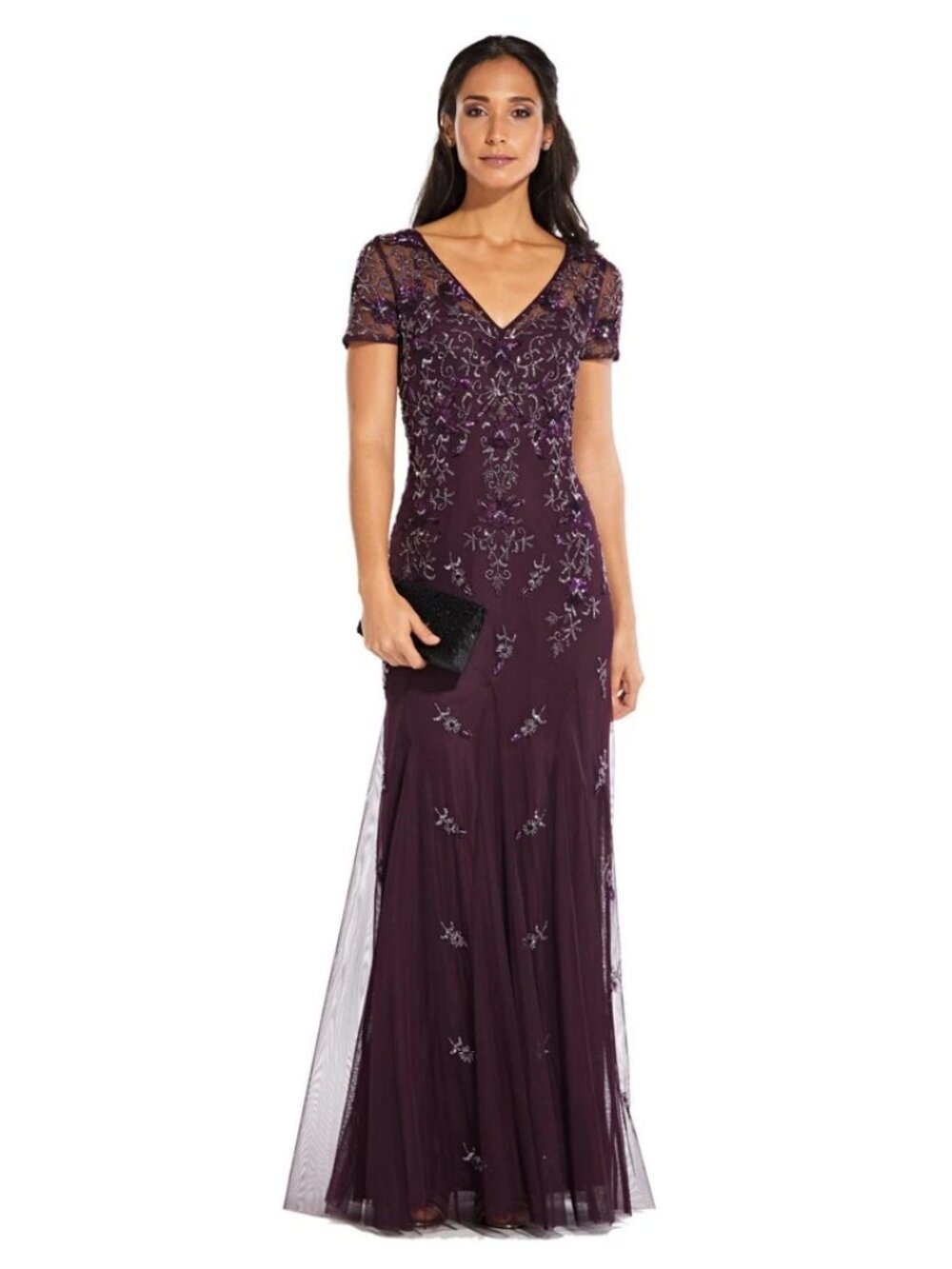 Night Plum Short Sleeve Godet Beaded Long Dress